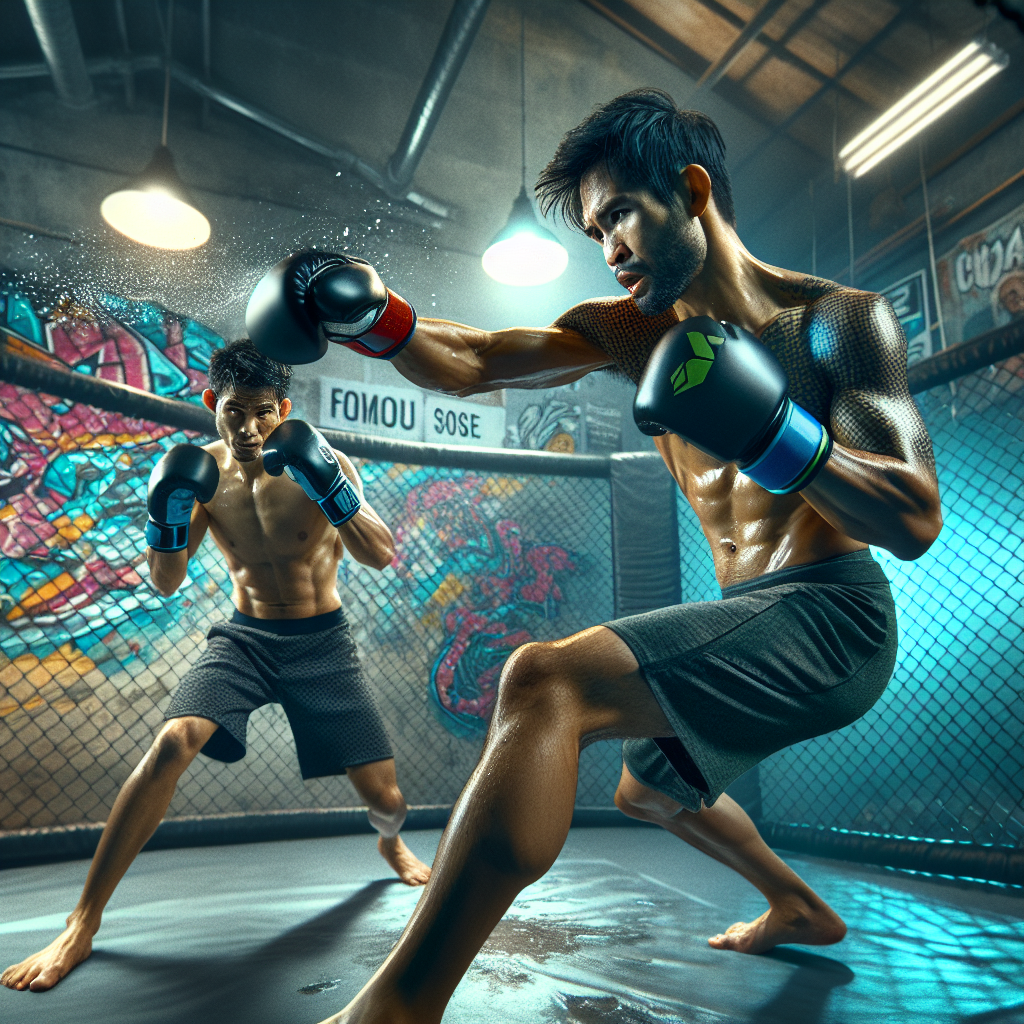 Azerbaijani MMA fighters drilling with pads inside cage under intense cinematic lighting