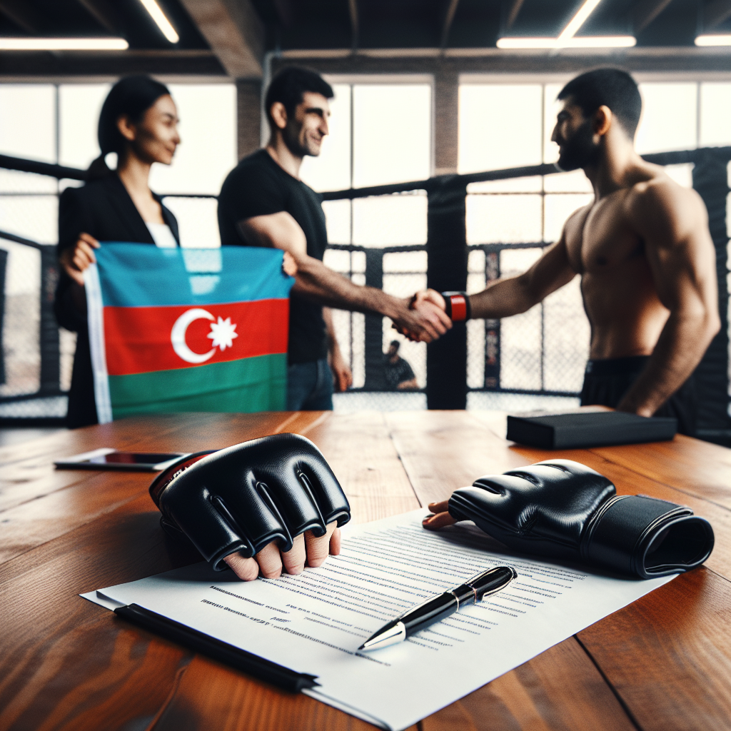 MMA contract and handshake, Azerbaijani fighter, gym office, natural light, professional tone