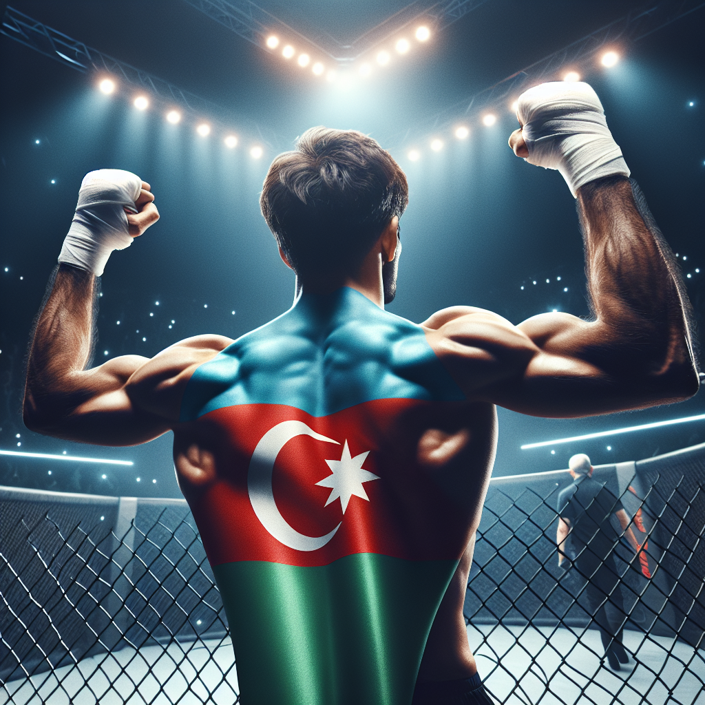 Azerbaijani MMA fighter celebrates in octagon with national flag draped over shoulders